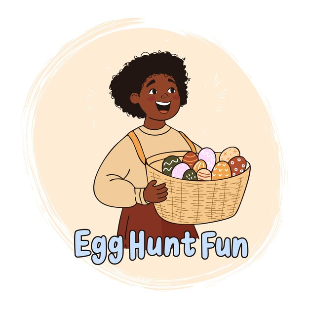 Niño feliz sosteniendo una canasta de huevos de Pascua coloridos celebrando las tradiciones de primavera y la alegría festiva