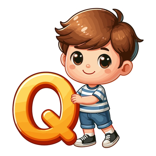 niño feliz sosteniendo la letra Q del alfabeto niños concepto de aprendizaje de inglés