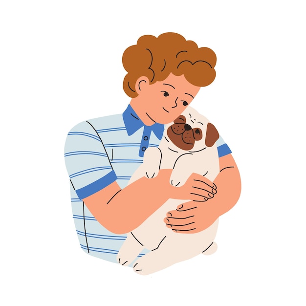 Vector niño feliz sosteniendo un lindo perrito en los brazos. niño que se preocupa por el cachorro de raza pug. amor y amistad de niño y perrito. dueño de mascotas y amigos cachorros. ilustración de vector plano aislado sobre fondo blanco