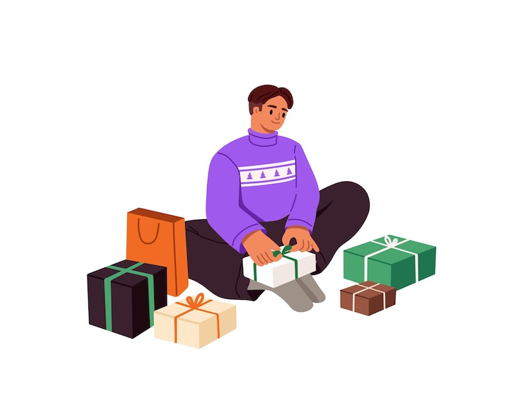 Vector niño feliz con suéter cálido y feo abre regalos de navidad niño se regocija en envolver cajas con regalos de navidad niño con sorpresas festivas para las vacaciones de invierno ilustración vectorial aislada plana en blanco