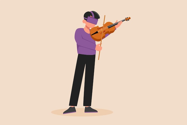 Niño feliz tocando un violín y ve VR Virtualmente concepto Ilustración vectorial plana