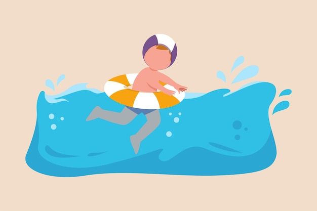Niño feliz usando un anillo de natación inflable mientras nada en una piscina Concepto de waterpolo Ilustración vectorial