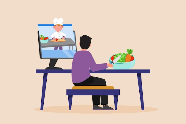Niño feliz viendo y siguiendo un video tutorial de cocina mientras está sentado Virtualmente concepto Ilustración vectorial plana