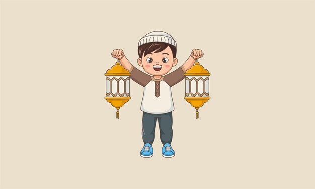 niño felizmente sosteniendo dos linternas tradicionales celebrando el Ramadán de una manera alegre