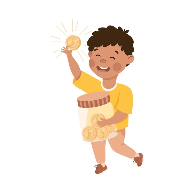 Niño con un frasco lleno de monedas relucientes involucrado en educación económica y alfabetización financiera Aprendiendo a ahorrar e invertir dinero Ilustración vectorial