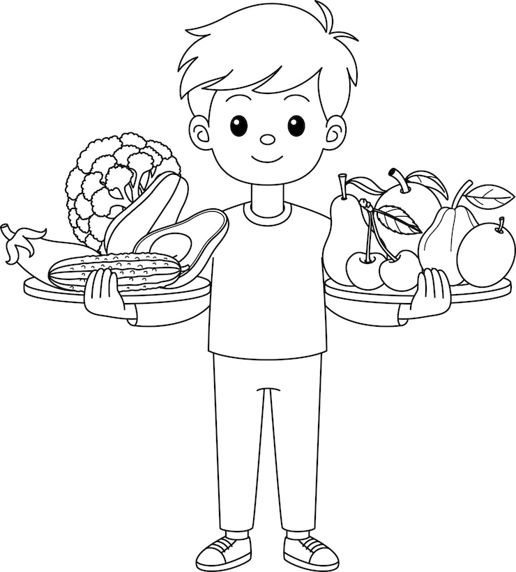 Vector el niño con frutas y verduras página de colorear dieta a base de plantas protege el medio ambiente