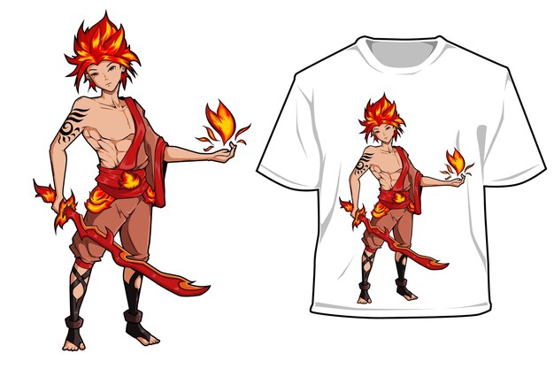 Niño de fuego con diseño de juego de personajes de espada de fuego