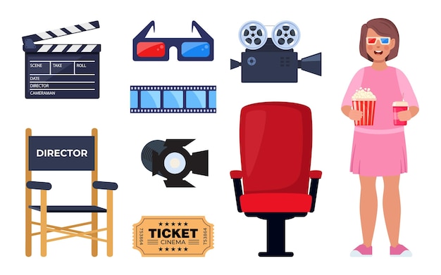 Vector niño con gafas 3d soda y palomitas de maíz conjunto de elementos de cine entradas montaje de clapperboard