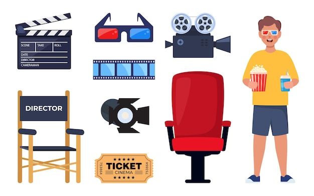 Niño con gafas 3D soda y palomitas de maíz Conjunto de elementos de cine Tickets clapperboard