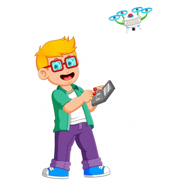 El niño con las gafas está jugando con el dron.