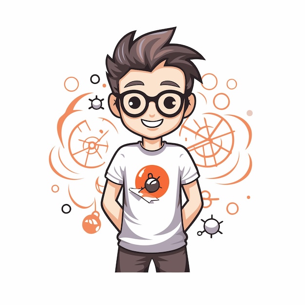 Vector niño con gafas y icono científico sobre ilustración vectorial de fondo blanco