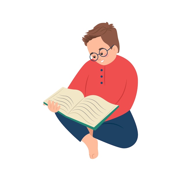 Un niño con gafas lee un libro un niño con un libro en sus manos Carácter de ilustración vectorial