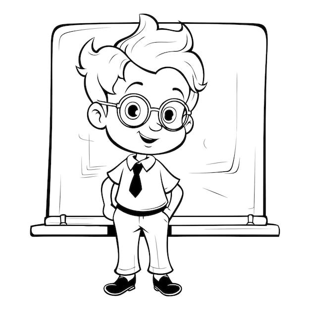 Niño con gafas de pie en la pizarra Ilustración vectorial para libro de colorear