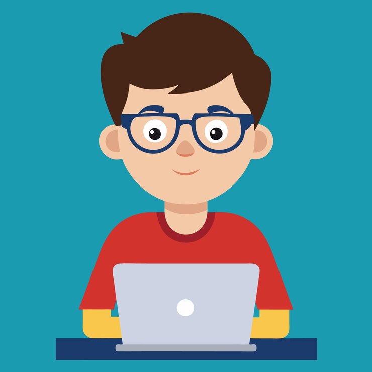 Vector niño geek usando la computadora