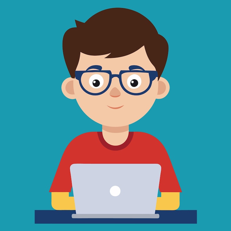 Vector niño geek usando la computadora
