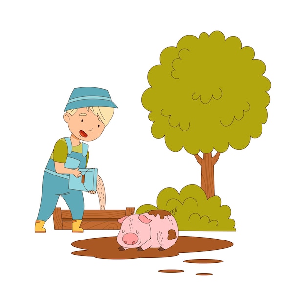 Niño en general vertiendo forraje para cerdo acostado en ilustración vectorial de charco