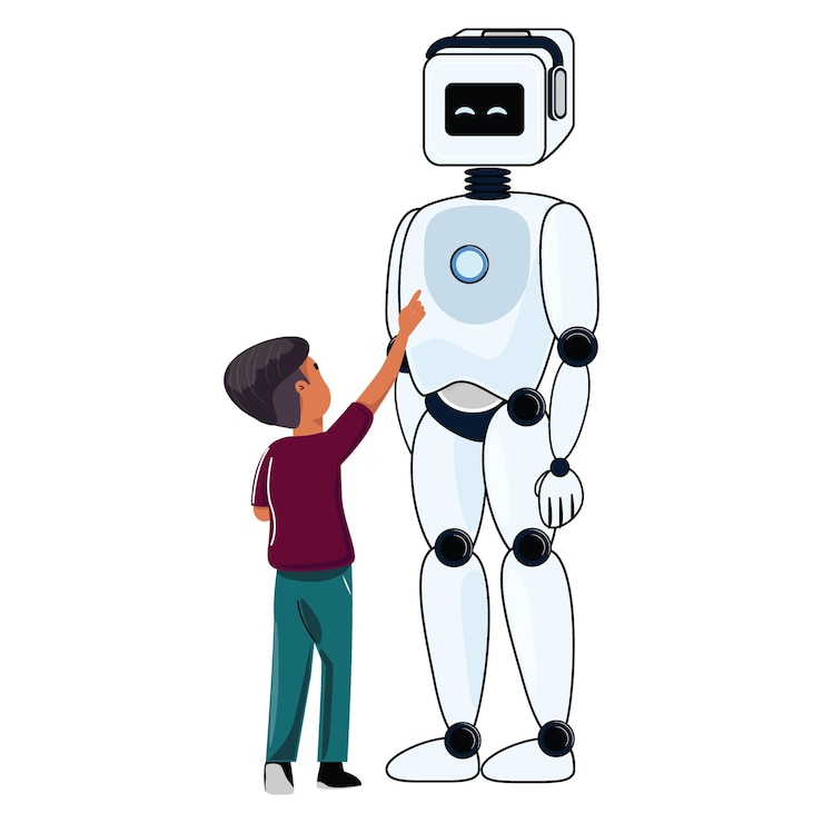 Vector niño gesticulando hacia el robot representa una nueva tecnología en el aprendizaje el robot tiene un botón redondo en el pecho
