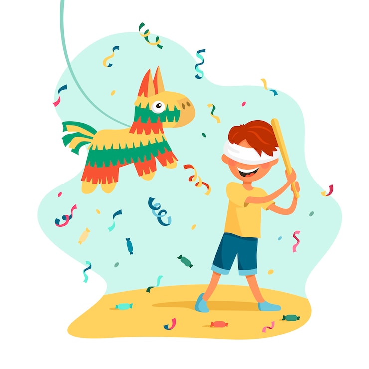 Vector el niño golpea la piñata en colores tradicionales.