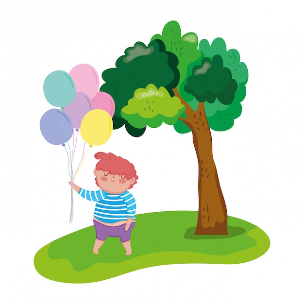 Niño gordito con globos de helio en el paisaje.
