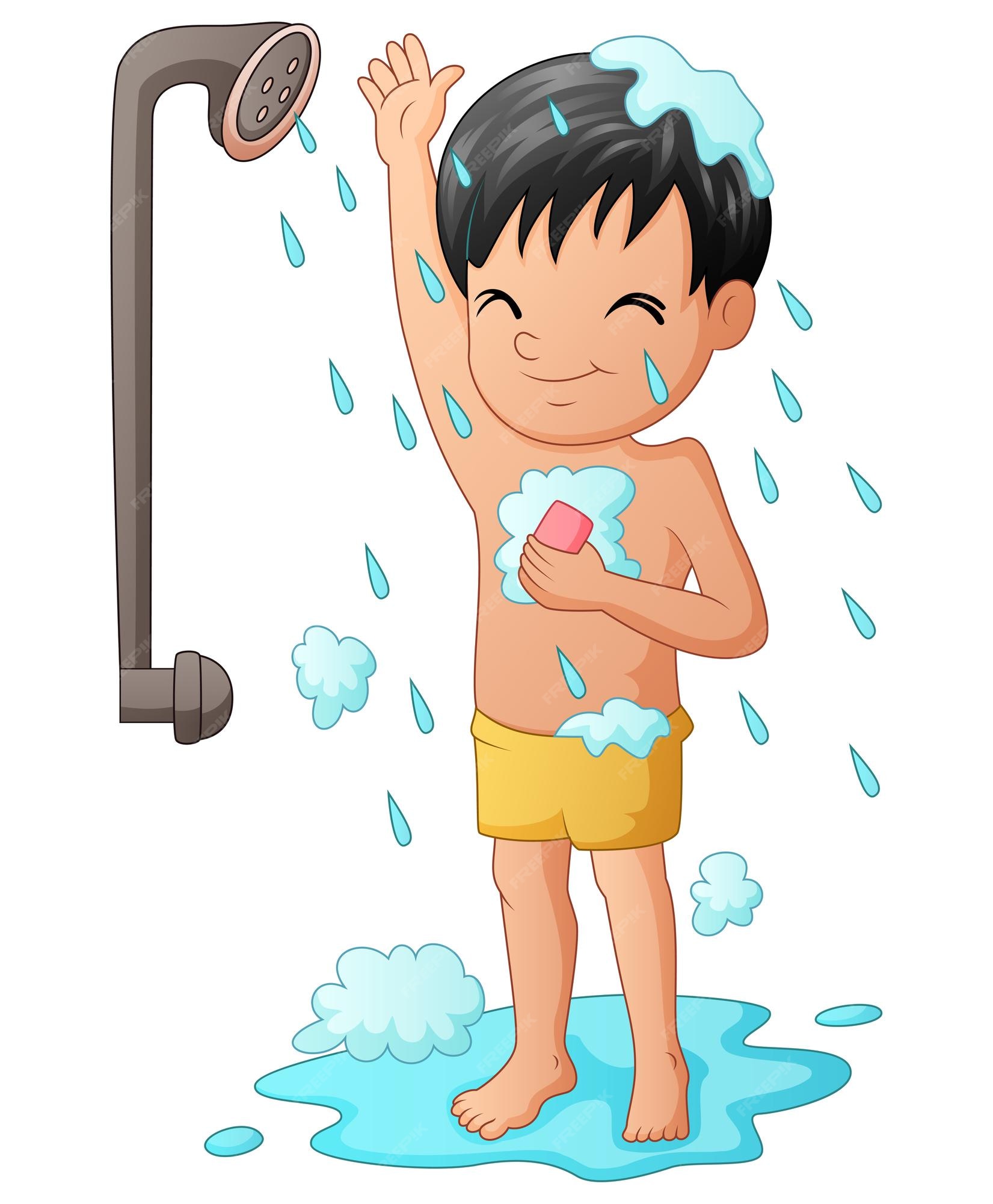 simpatía Puerto marítimo Rugido Niño gracioso tener baño con ducha | Vector Premium