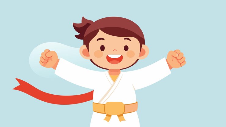 Vector un niño con una gran sonrisa recibiendo un cinturón de colores que representa la sensación de logro y