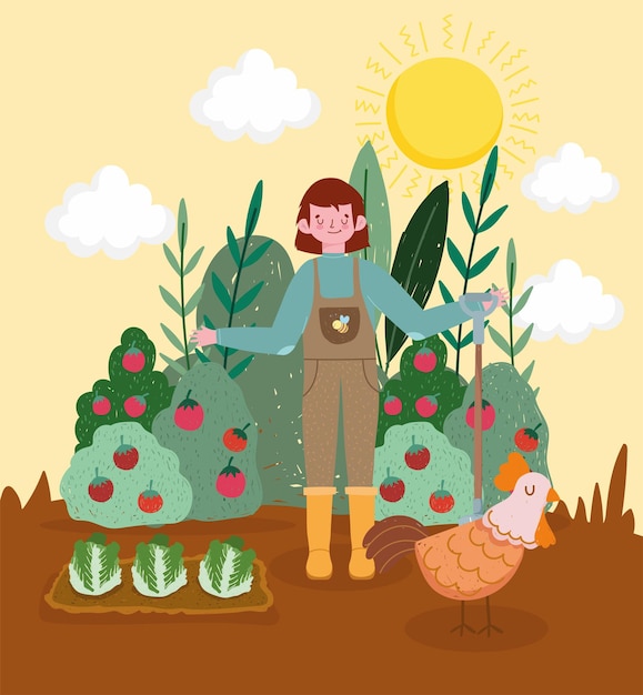 Vector niño granjero en el jardín