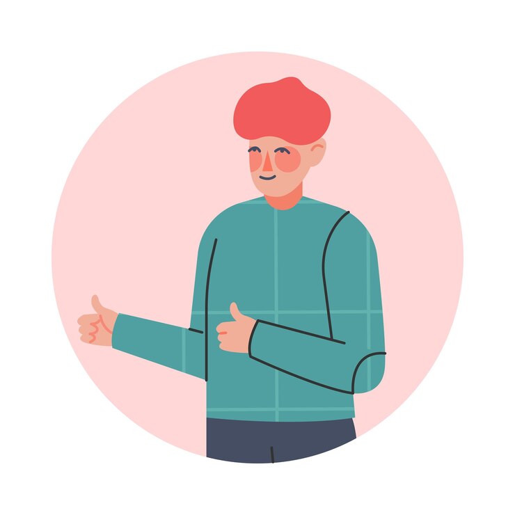 Vector niño haciendo pulgares hacia arriba gesto adolescente expresando emociones comunicación no verbal concepto ilustración vectorial de dibujos animados