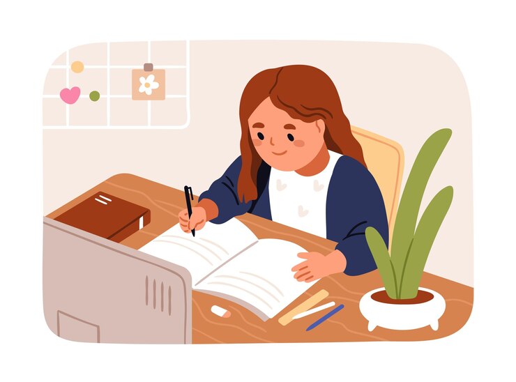Vector niño haciendo la tarea niña de escuela linda estudiando en casa aprendiendo sentada en el escritorio niño elemental feliz estudiante de escuela primaria personaje de niña de escuela primaria durante la autoeducación ilustración vectorial plana