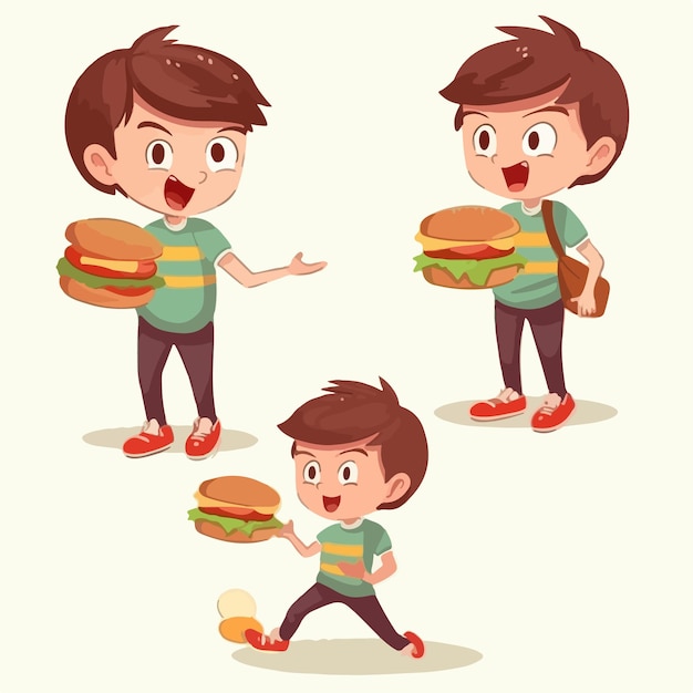 Niño, con, hamburguesa, caricatura, ilustración, vector, postura, niño pequeño