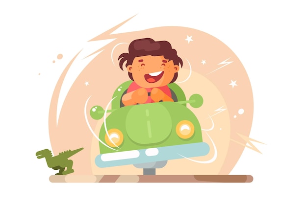 Niño en la ilustración del coche de juguete. niño sonriente yendo en coche