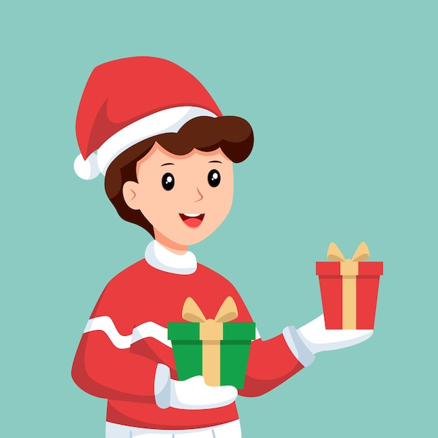 Niño con ilustración de diseño de personajes de regalo de Navidad