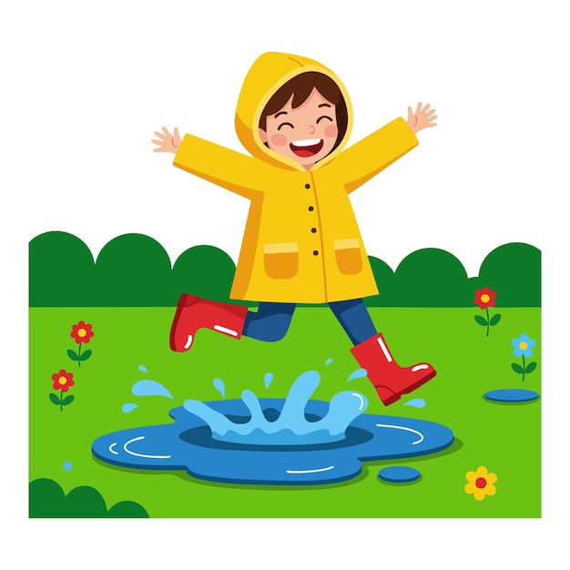 Niño con impermeable amarillo saltando en un charco con botas rojas en un parque verde con ilustraciones vectoriales de flores
