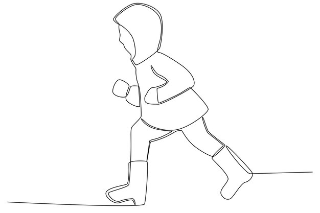 Un niño con un impermeable corriendo en el arte de una línea del día lluvioso