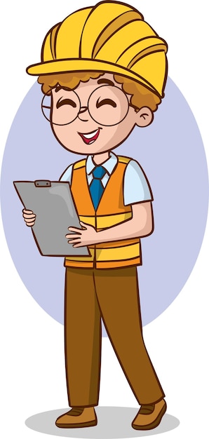 Un niño ingeniero de dibujos animados con un clipboard y una ilustración vectorial sonriente