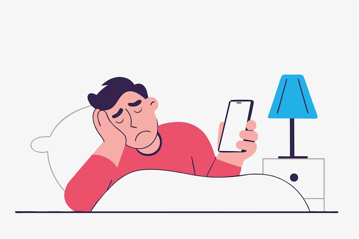 Vector niño con insomnio tendido en la cama desplazándose por el teléfono inteligente trastorno del sueño problema mental