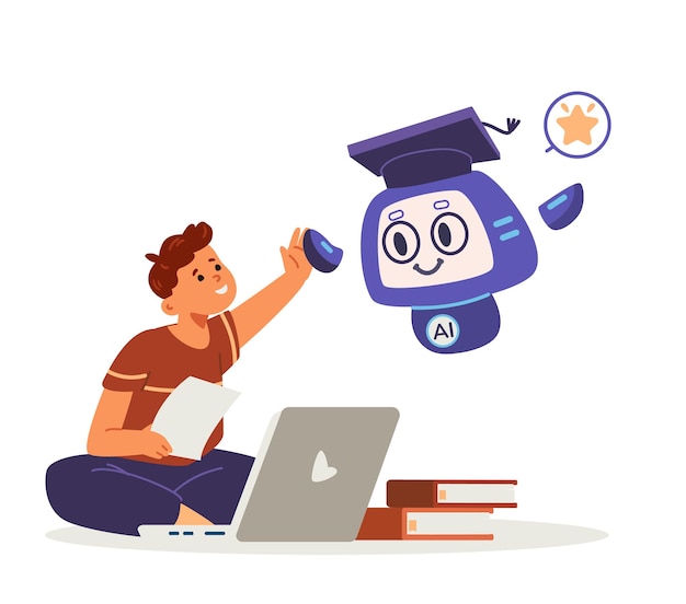 Niño interactuando con el robot Ai mientras estudia