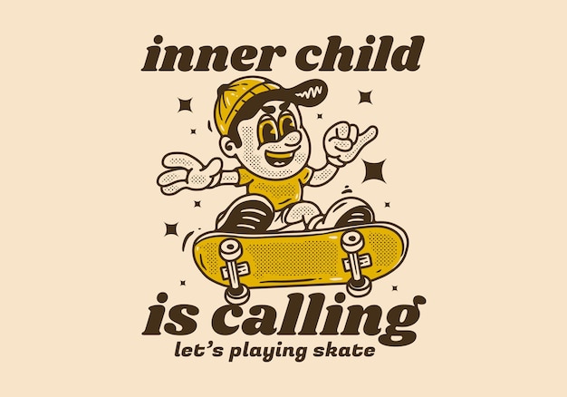 El niño interior está llamando al personaje de mascota de un niño en una patineta