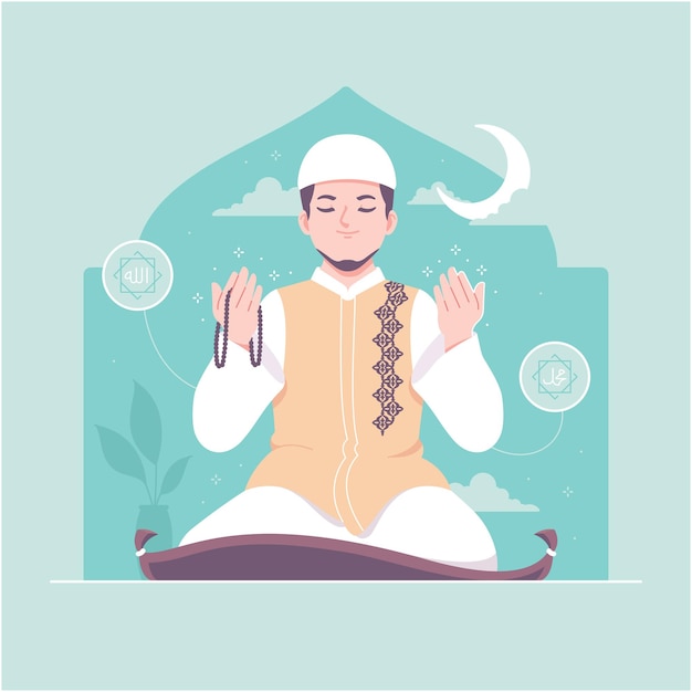 niño islámico rezando fondo de ilustración de shalat