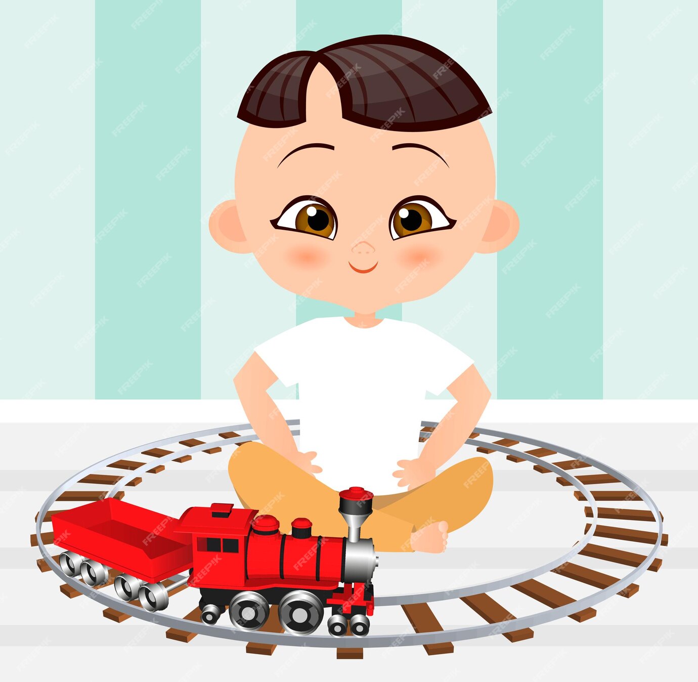 Niño Japonés Con Tren De Juguete Niño Jugando Con Tren Estilo De Dibujos Animados Plana 