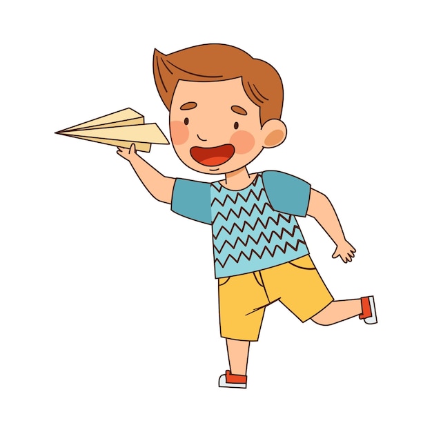 Niño en el jardín de infantes corriendo y jugando con una ilustración vectorial de avión de papel de juguete