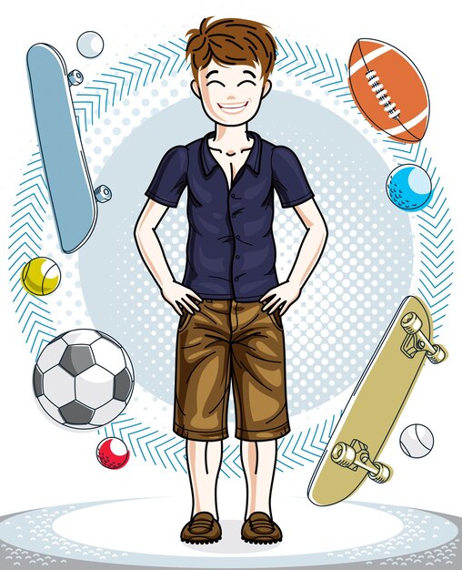 Niño joven adolescente lindo de pie en ropa informal con estilo. Ilustración de niño atractivo vectorial. Prediseñadas de estilo de vida infantil.