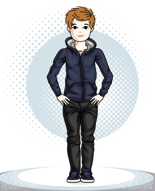 Niño joven adolescente lindo de pie con ropa informal de moda. Vector ilustración humana bastante agradable. Dibujos animados de estilo de vida infantil.