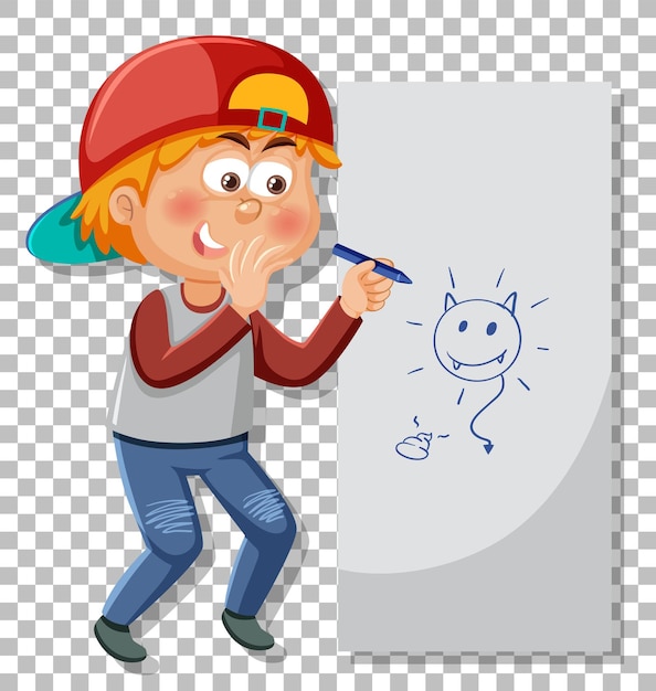 Vector un, niño joven, dibujo, en, cuadrícula, plano de fondo