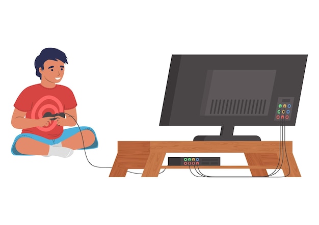 Niño joven, juego, videojuego, vector, ilustración