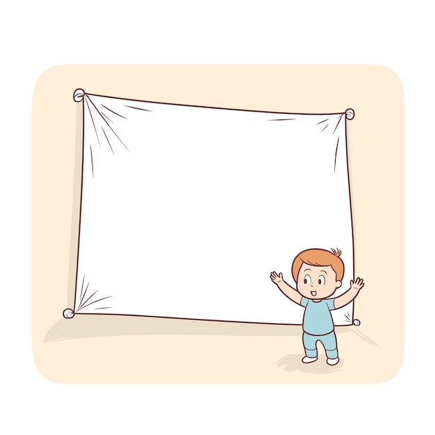 Niño joven presentando una gran pancarta en blanco listo anuncio de texto niño feliz sonriendo al lado