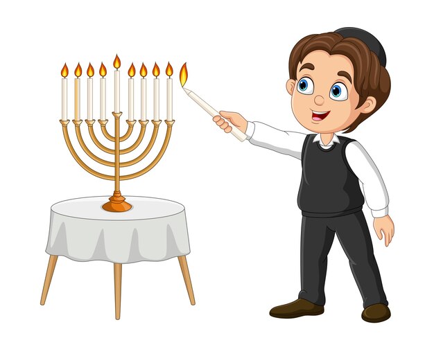 Un niño judío feliz enciende velas de Hanukkah Ilustración vectorial
