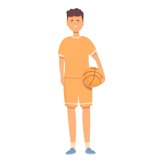 Niño, jugador de baloncesto, icono, caricatura, vector, deporte, escuela, niño feliz