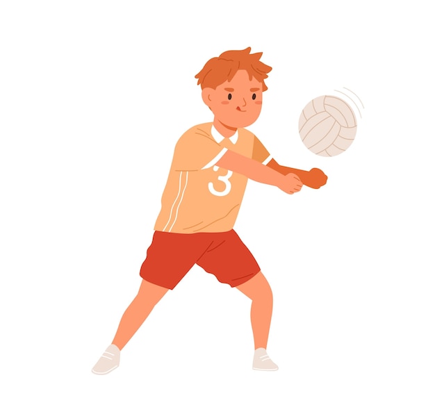 Niño jugador de voleibol sirviendo pelota con las manos. chico divertido jugando juego activo. niño de escuela lindo feliz durante la actividad deportiva. ilustración de vector plano coloreado aislado sobre fondo blanco.