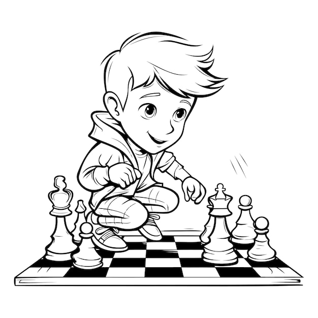 Niño jugando al ajedrez Ilustración vectorial en blanco y negro para libro de colorear