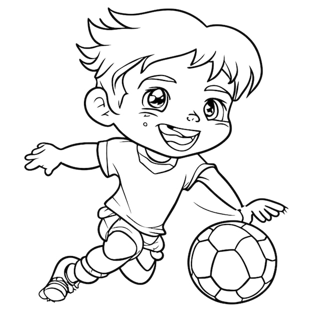 Vector niño jugando al fútbol libro de colorear ilustración vectorial arte de línea